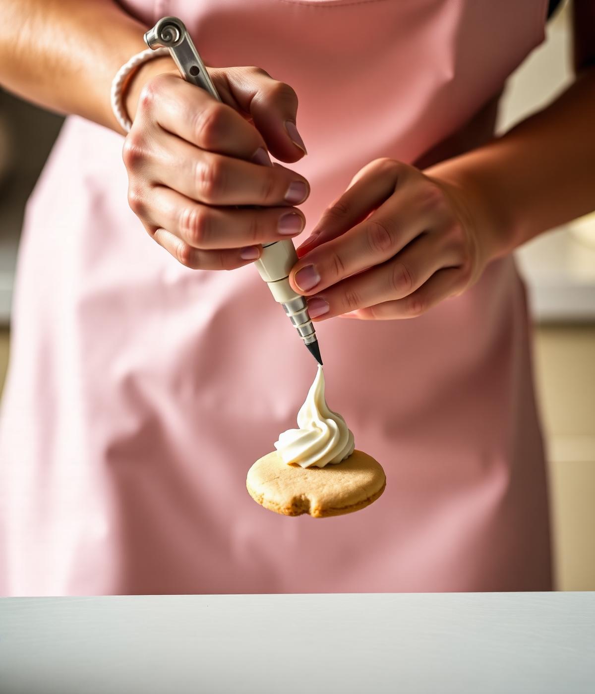 Kate piping royal icing onto a sugar cookie